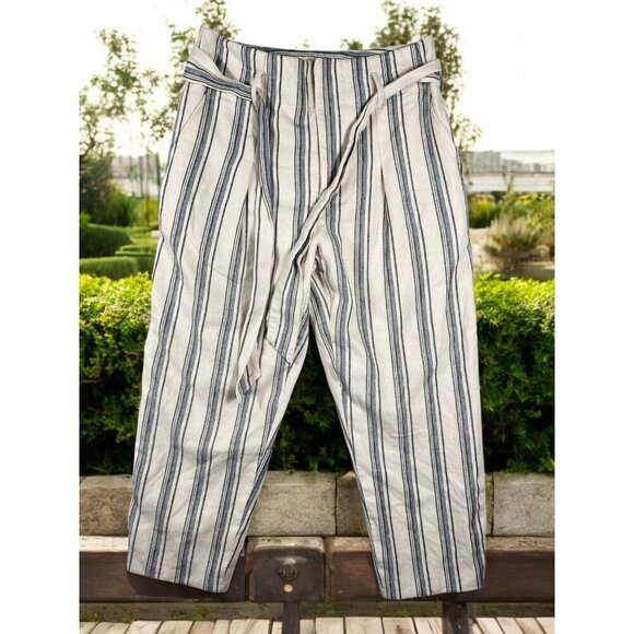Lauren Ralph Lauren Striped Linen-Blend Pants Size 4P | Belted High-Waist | - Picture 1 of 13